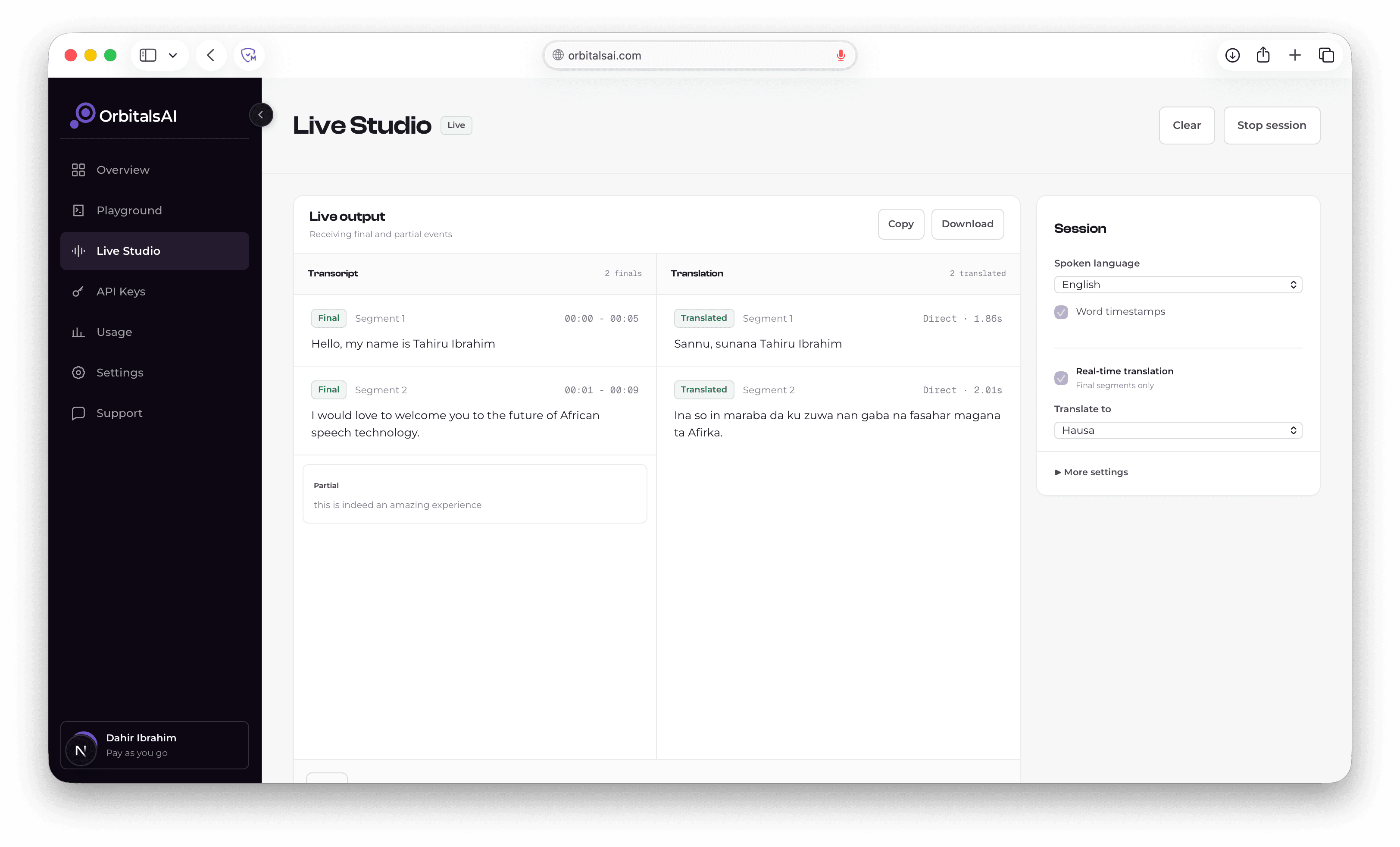 OrbitalsAI Live Studio showing real-time English transcription and Hausa translation